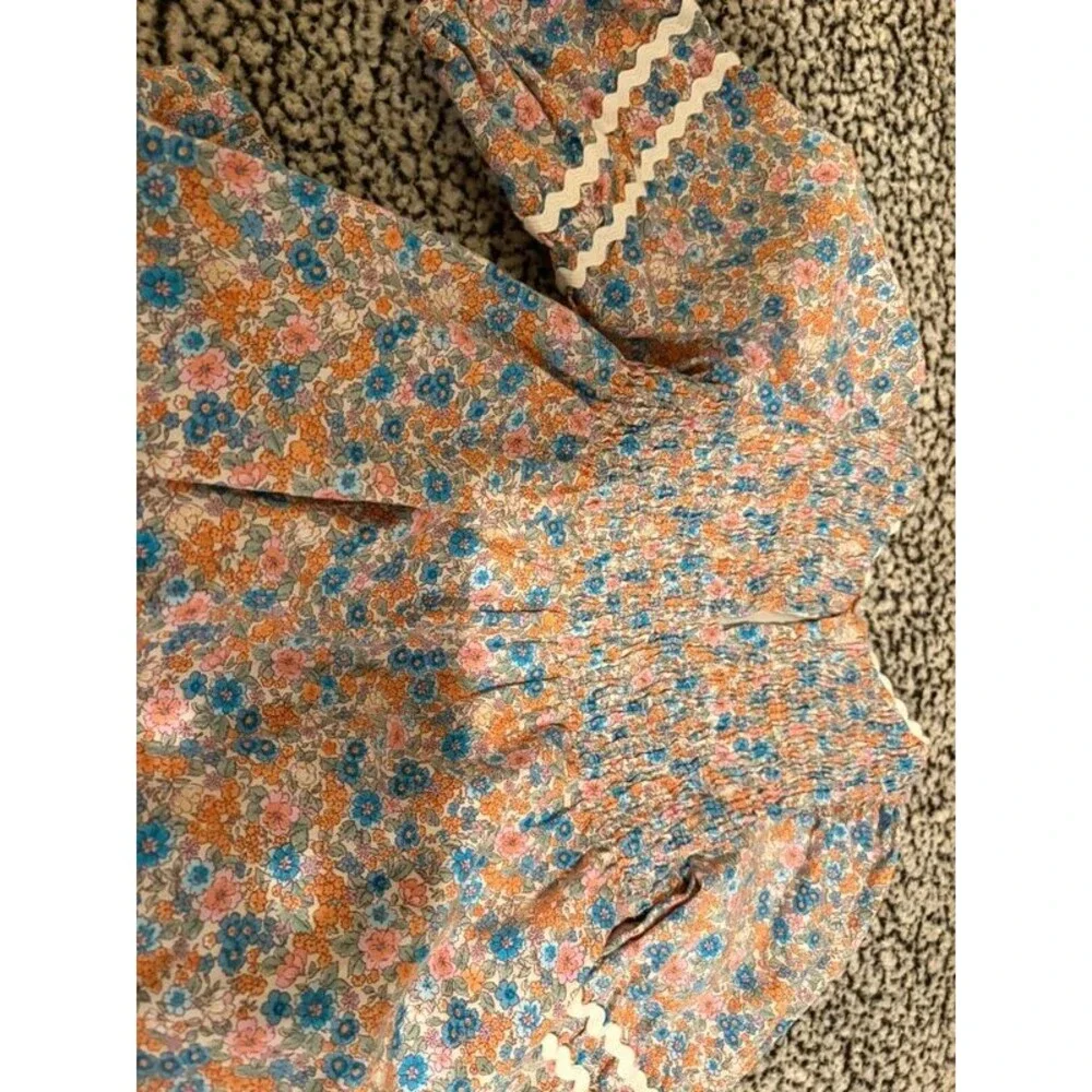ZARA Floral Smocked Dress 4 years Blue Orange Puff Sleeve Cottagecore Boho Mini